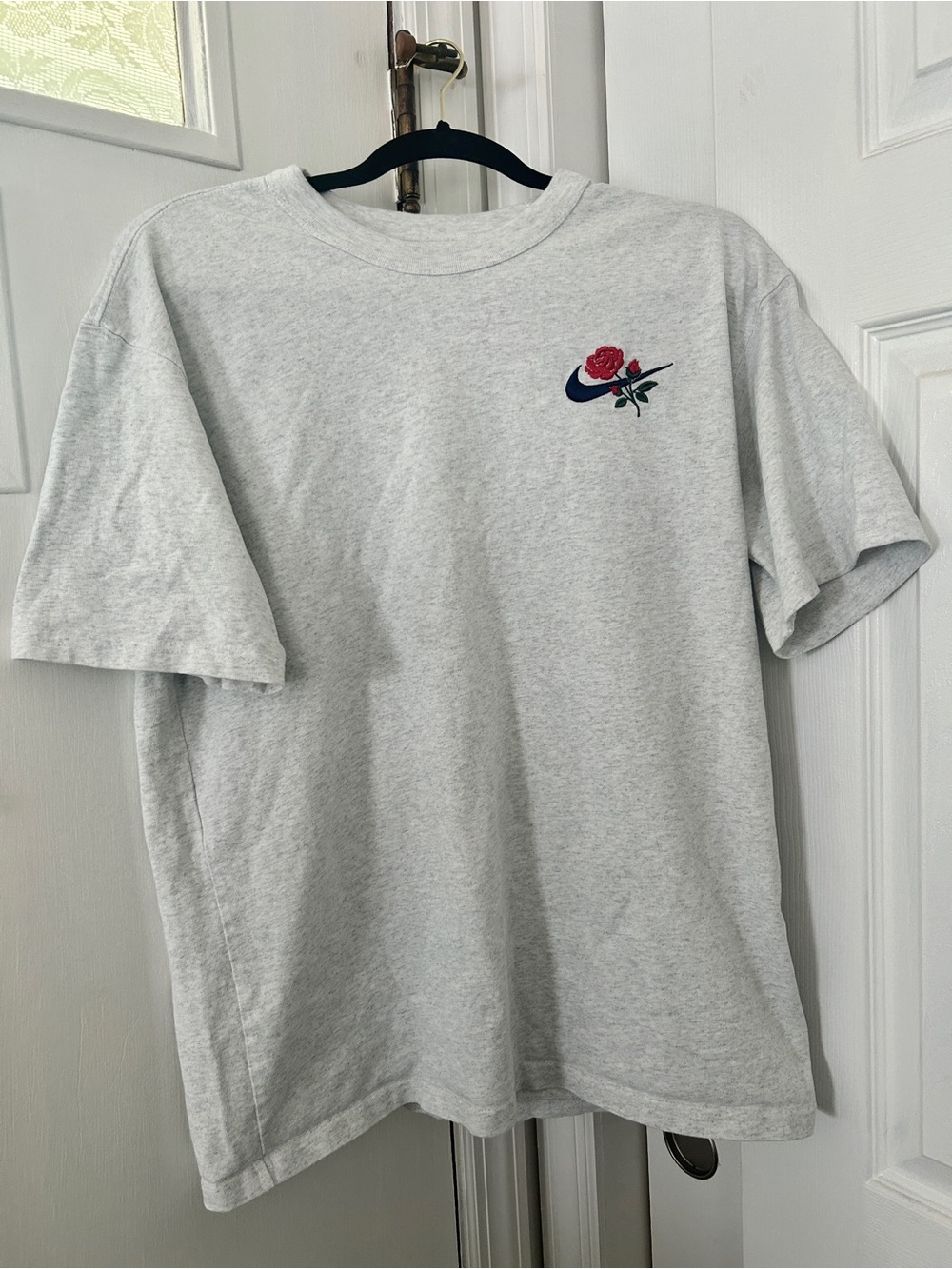 Nike Light Gray Short Sleeve Tee with Red Rose Swoosh